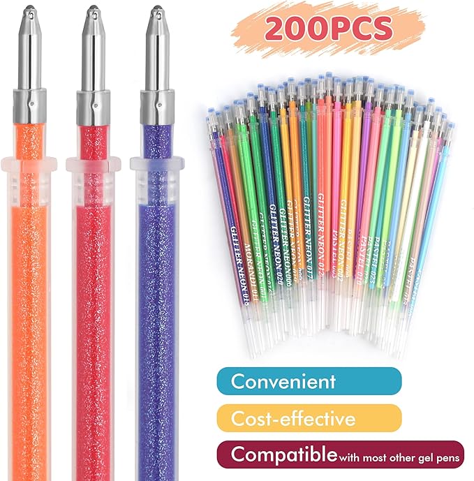 200 Colors Gel Pen Refills, Glitter Neon Gel Ink Pens Refills,Replace Cartridges for Gel Pens Set,9 Color Type for Kids Adult Coloring Books Drawing Doodling Crafts Scrapbooking Journaling,No Repeats