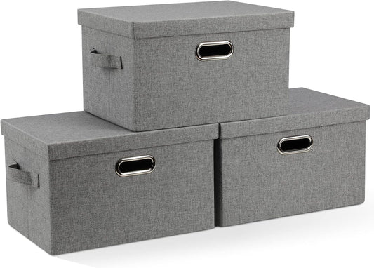 Medium 15" 21 Quart Collapsible Stackable Storage Bins with Lids, 3 Packs Grey Foldable Fabric Closet Boxes Heavy-duty Linen Cube Baskets Container for Bedroom Office (15 x 11 x 8)