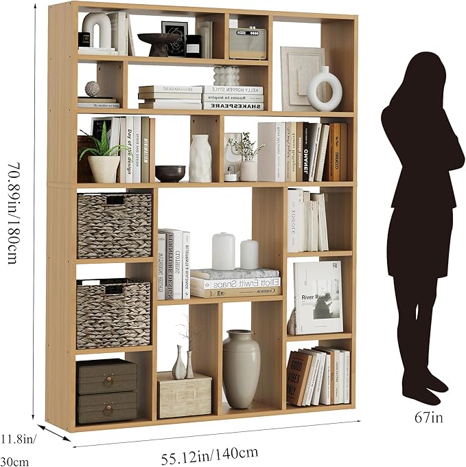 BLANKSPACE 71 Inch Tall Wooden Bookcase, 6-Tier Heavy Duty Storage Shelf with Foldable Storage Baskets - Freestanding Open Shelves for Living Room, Bedroom, Yuzu Oak
