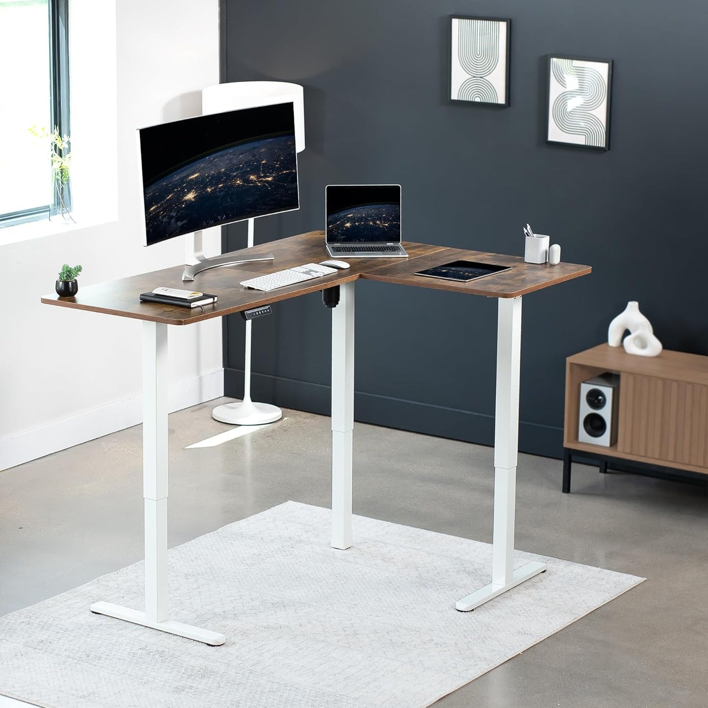 VIVO Electric Corner L-Shaped 63 x 47 in Rustic Standing Desk, Memory Height Adjustment, Vintage Brown Top White Frame, DESK-E3CTWN-47