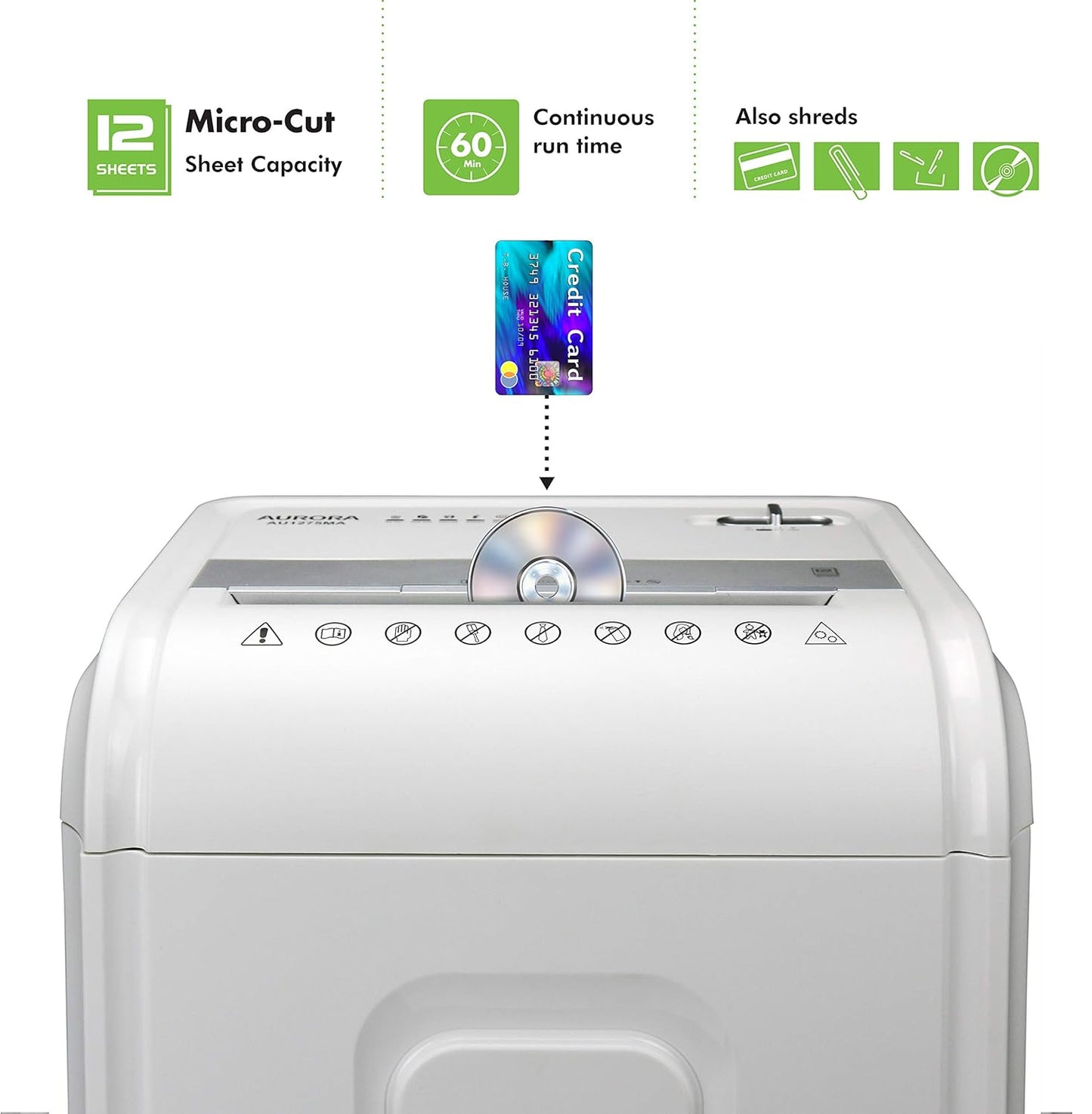 Aurora AU1275MA Professional Grade 12-Sheet Micro-Cut Paper and CD/Credit Card Shredder/ 60 Minutes Continuous Run Time, White/Gray