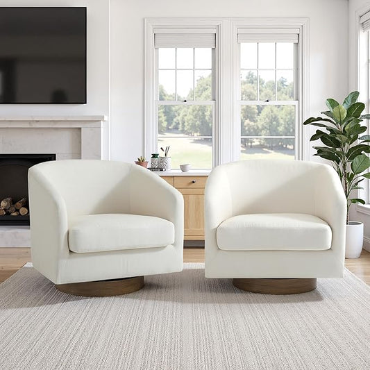 UIXE Swivel Accent Chairs Set of 2, Fabric Upholstered Barrel Chair for Living Room, Comfy Round Armchair Single Sofa Bedroom Reading Seat - 31" W, Beige