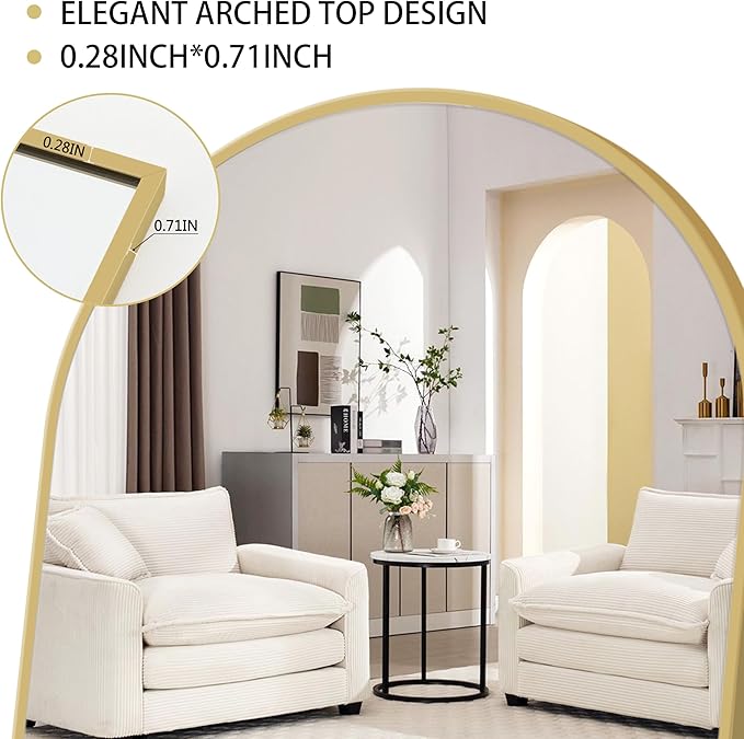 Simple Deluxe Arched Mirror Full Length, 59"x16", Body Wall Mirror with Shatter-Proof Glass, Gold Aluminum Frame, Floor-Standing, Wall-Mounted, Leaning