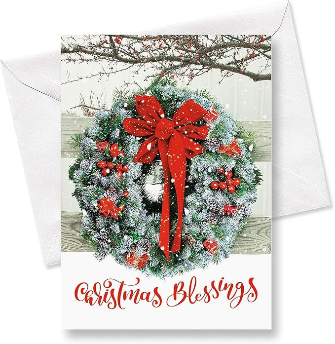 Current Wreath in Snow Personalized Christmas Cards with Envelopes - Set of 18 Large 5 x 7-Inch Folded Cards, Faith Themed Holiday Card Value Pack