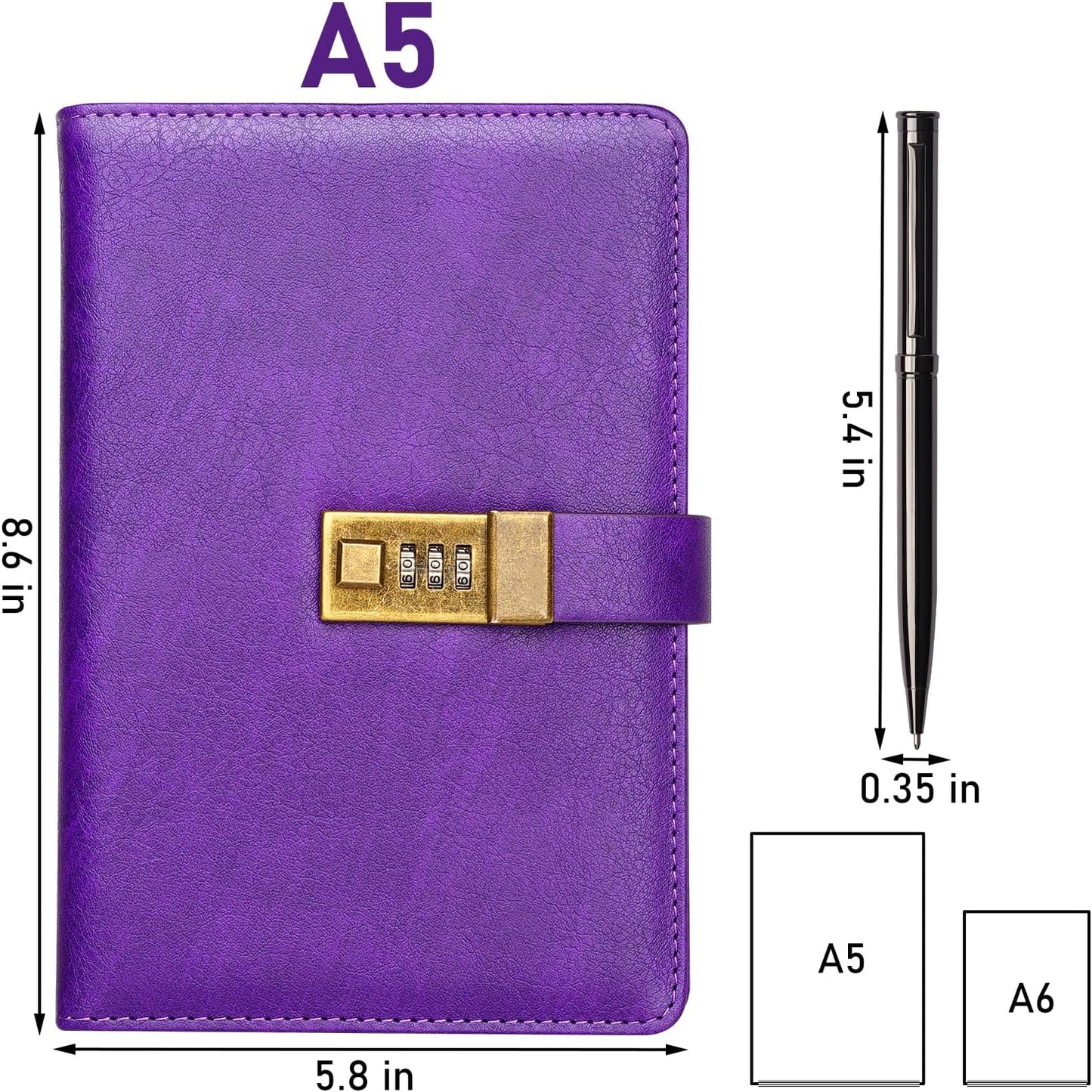 WEMATE Diary with Lock, A5 PU Leather Journal with Lock 240 Pages, Vintage Locks Journal Password Notebook with Pen, Locks Diary Planner Organizer for Men and Women, 8.6x5.8in