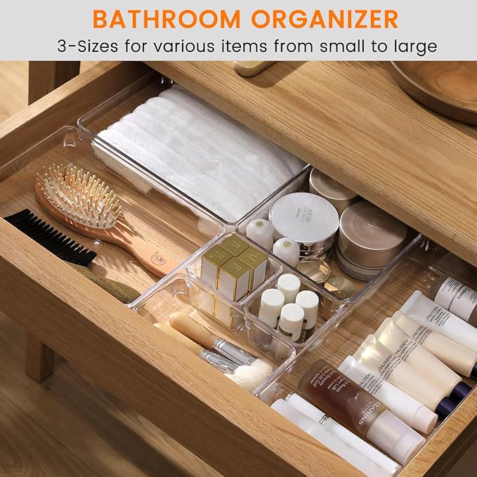 Criusia 8 Pack Drawer Organizer for Kitchen Gadgets, Large Clear Plastic Drawer Divider for Kitchen Accessories, Bathroom Organizers and Storage, Home Essentials for Makeup and Vanity Accessories
