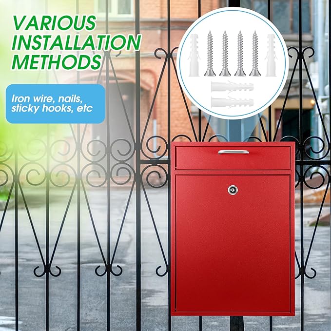 Locking Mailbox with Key for Outdoor 16.2 x 11.2 x 4.7 Inches Large Wall Mount Mail Box with Lock Security Mail Drop Metal Collection Boxes Hanging Secure Postbox(Red)