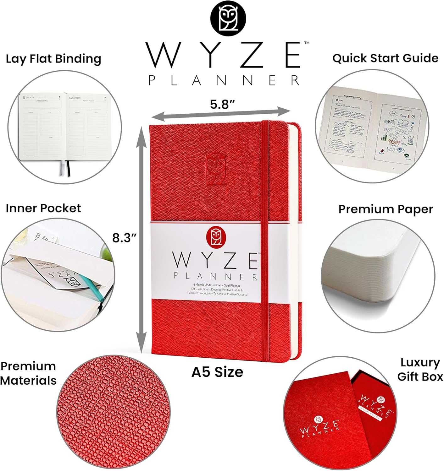 Undated Daily Planner – 6-Month A5 Productivity Organizer with Full Page Per Day, Hourly Schedule, Goal Setting, Habit Tracker, Weekly & Monthly Pages – Hardcover Time Management Notebook (Red)