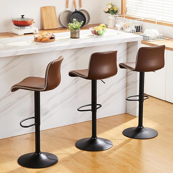 HeuGah Bar Stools Set of 3, Swivel Counter Height Barstools with Back, Adjustable Height 24" to 32", Brown Faux Leather Bar Chairs for Kitchen Island (Brown, Set of 3 (24'' to 32''))
