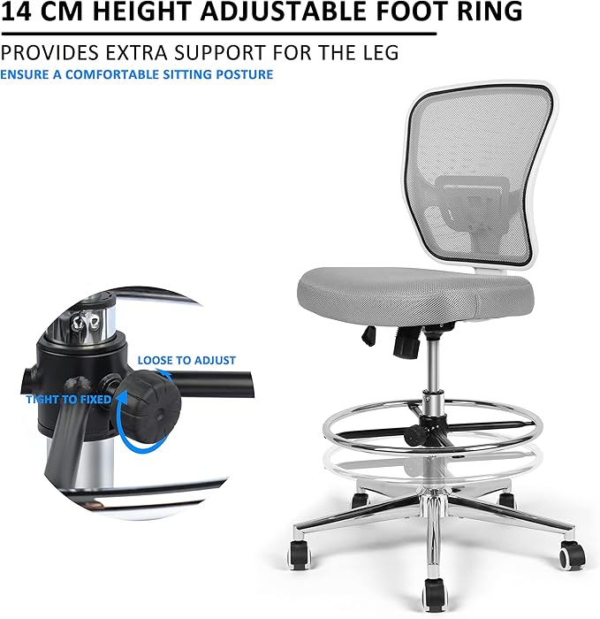 Drafting Chair, Tall Office Chair for Standing Desk, Drafting Stool with Lumbar Support, Adjustable Height and Foot Ring, Grey