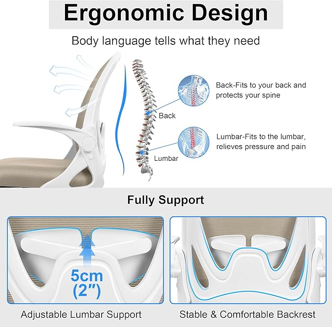 Primy Drafting Chair Tall Office Chair with Flip-up Armrests Executive Ergonomic Computer Standing Desk Chair with Lumbar Support and Adjustable Footrest Ring（Khaki）