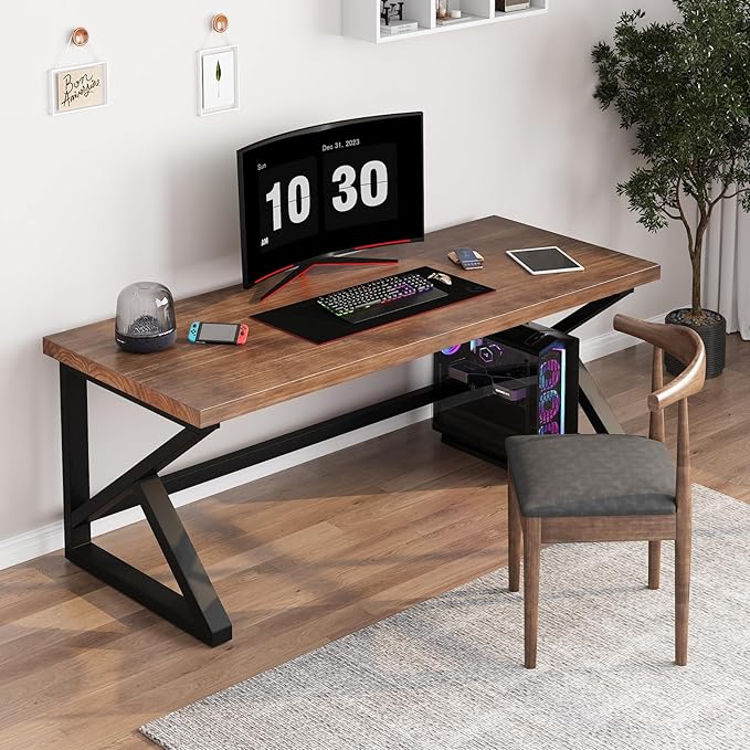 Solid Wood Computer Desk,Rustic Style 55-inch Large Office Desk- Modern Gaming Working for Home Office, Modern Simple Design, Ideal for Study, Writing, Dining