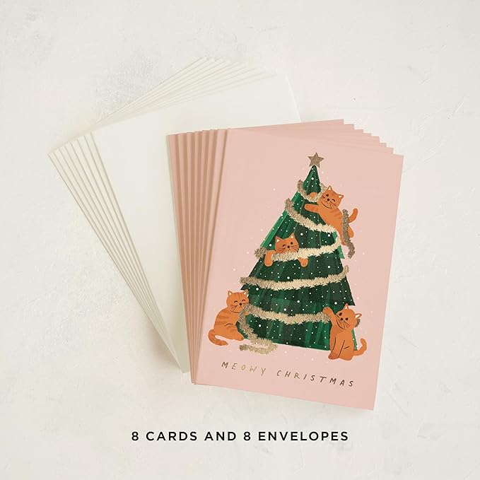 Minted Meowy Christmas Cards, 8 Cards with Envelopes, Folded 5x7 Holiday Card with Tinsel, Star & Playful Cats and Christmas Tree Design, Gold Foil-Pressed, Luxurious Paper, Interior Message Included