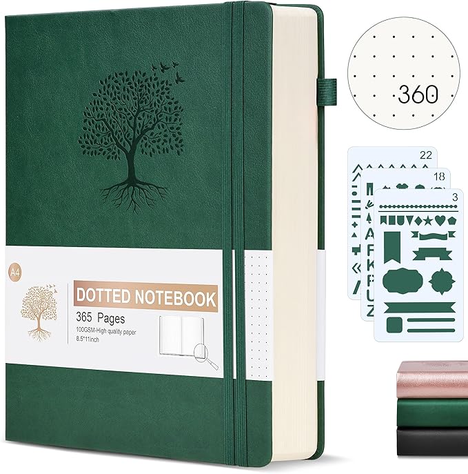 Dotted Journal Notebook, 360 Numbered Pages Dot Grid Notebooks 8.5 x 11, 100gsm Dot Paper Thick Hardcover Leather Journals for Writing Women Men, A4 Large Bullet Dotted Notebooks Green