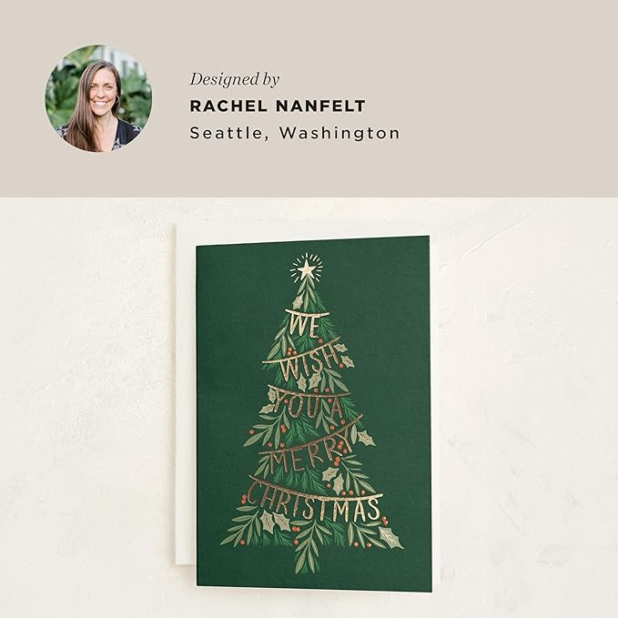 Minted Merry Tree Garland Christmas Cards, 8 Cards with Envelopes, Classic Holiday Card with Festive Garland Tree and Star Design, Folded 5x7 Card, Gold Foil-Pressed, Luxurious Paper, Blank Inside