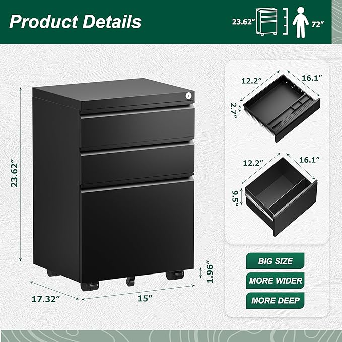 Superday Black File Cabinet 3 Drawer, Fully Assemble Metal Rolling Vertical Filing Cabinet with Wheels, Small Under Desk File Cabinets for Home Office