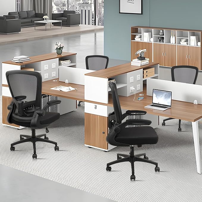 Office Desk Chairs with Wheels, Ergonomic Mesh Chair with Adjustable Height Lumbar Support, Rolling Swivel Computer Task Chair with Flip Up Armrests for Home, Study, Conference, Black