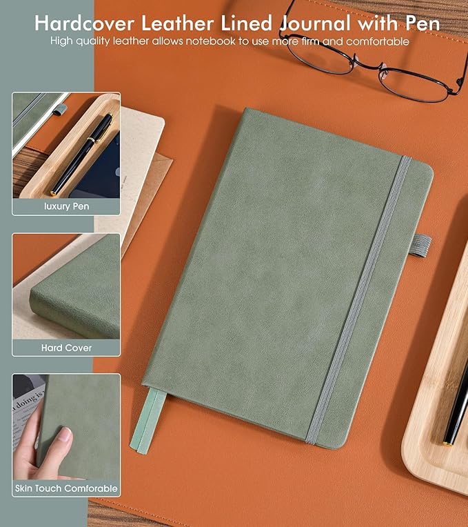 Lined Journal Notebook for Men Women, 200 Numbered Pages Leather Hardcover Journal with Pen, A5 Journaling Notebooks, Thick Paper College Ruled Journals for Writing Work Business 5.75'' X 8.38'' Green