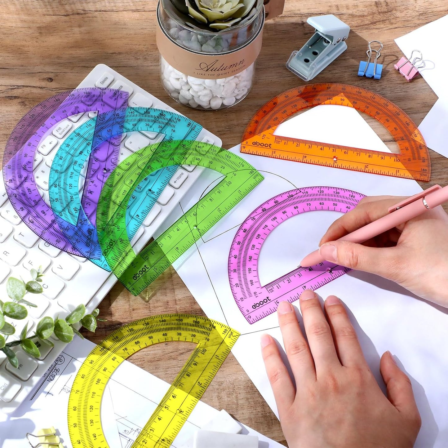 EBOOT 24 Pack Plastic Protractors Math Protractor 180 Degrees 6 Inch (Multi Colors)