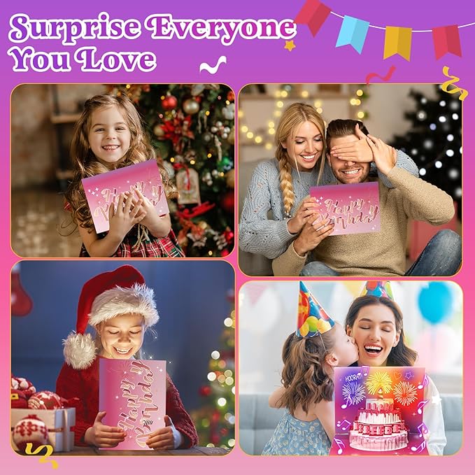 3D Pop-Up Firework Birthday Card with Lights & Music – Greeting Card for Women, Men, Kids Pink