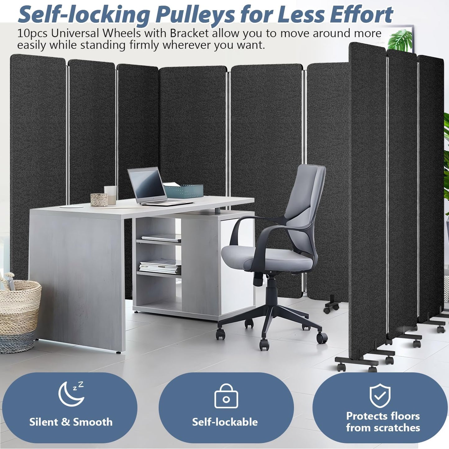 Acoustic Room Divider Privacy Panel with Wheels, 3 Panel Soundproof Room Divider (Aluminum Frame) for Room Partition, Folding Room Dividers Separation Office Cubicle Wall Sound Proof Partition Divider