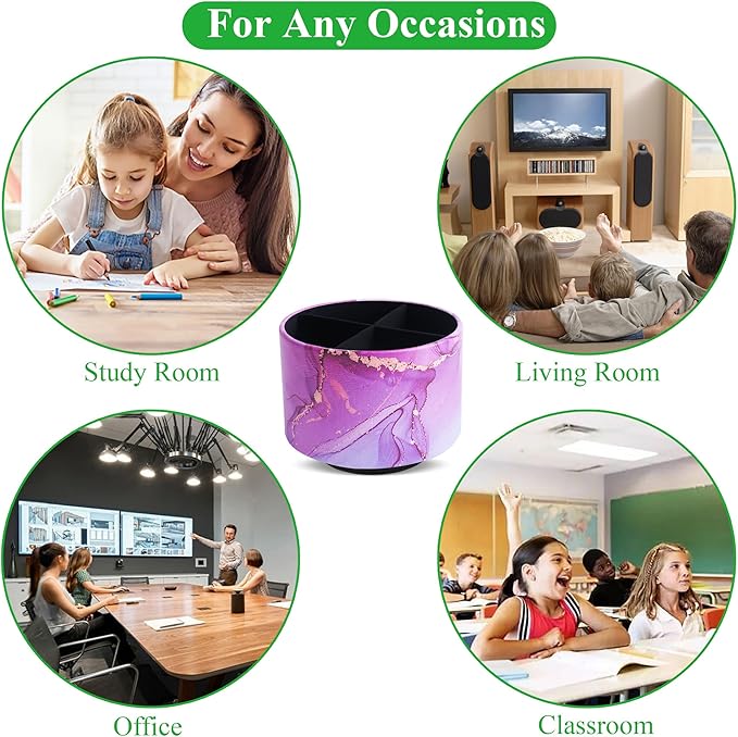 Round Leather Art Supply Organizer,Remote Control Holder,360-degree Rotating Pen Organizer with 4 Compartments(1-Purple Blue Splash Ink)