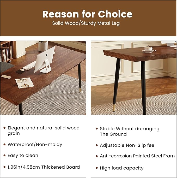 Solid Wood Desk 55 inches, Home Office Computer Desk Wooden Rustic Writing Desk Metal Modern Simple Design Executive Real Wood Desk(Walnut)