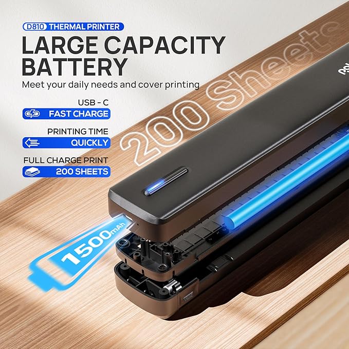 POLONO Portable Printer Wireless for Travel, D810 Bluetooth Thermal Printer Support for 8.5"x11" US Letter, Inkless Compatible with iOS, Android, Laptop for Office, Car and Home, Black