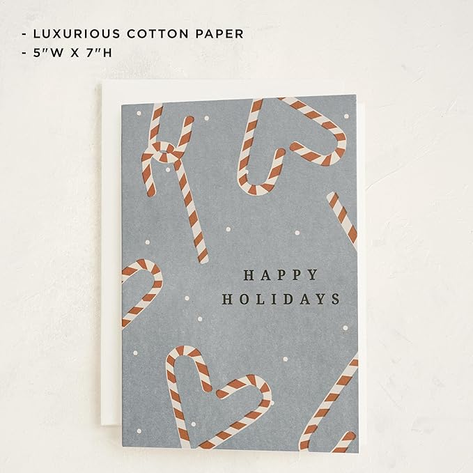 Minted Sweet December Holiday Cards, 8 Cards with Envelope Folded 5x7 Christmas Card with Candy Cane Pattern and Snowy Blue Background, Modern Minimalist Design, Luxurious Paper, Blank Inside