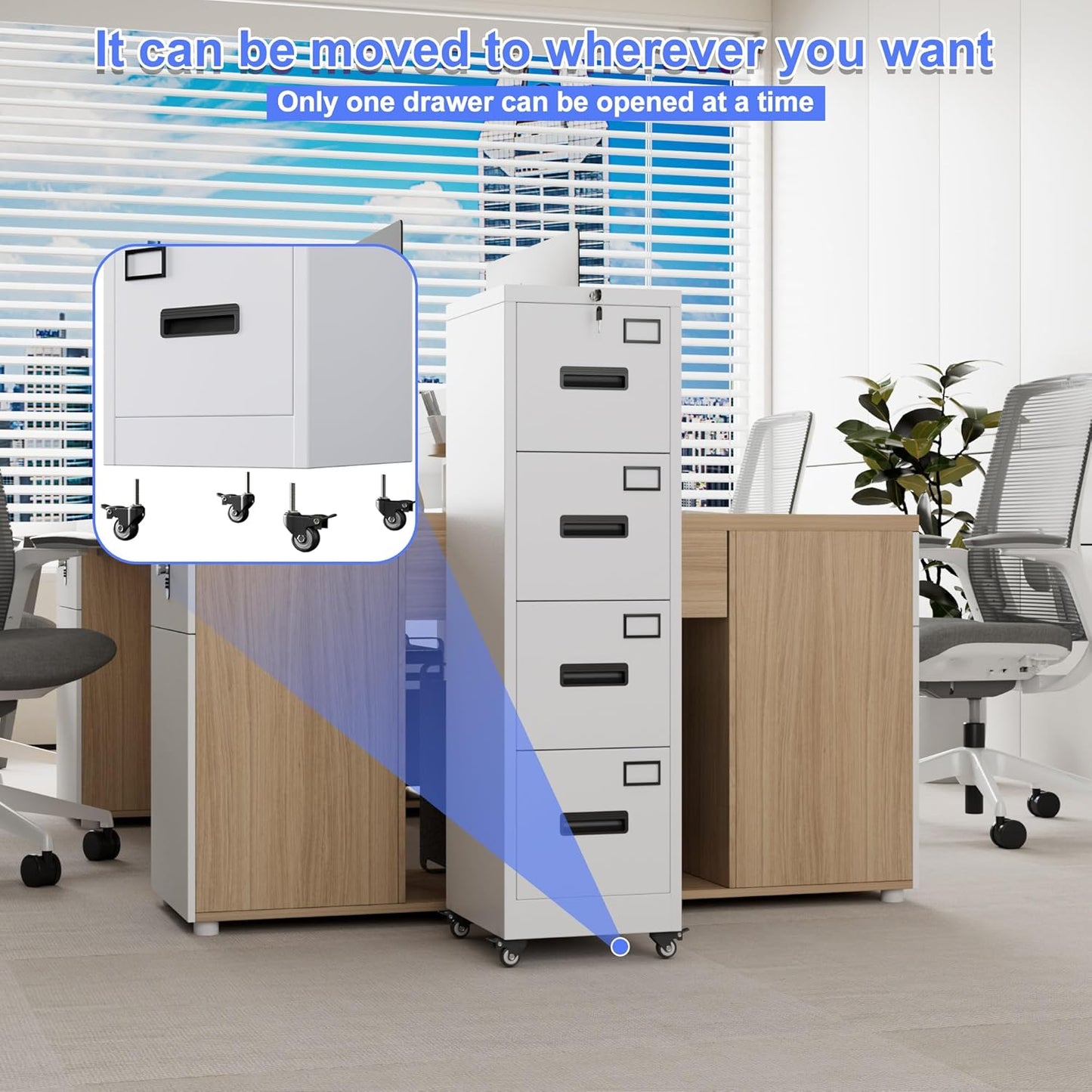 METAN 4 Drawer Vertical File Cabinet on Wheels, Lockable Office Files Storage Cabinet with Handle and Name Card,Mobile Storage Cabinet for Office and Home,Assembly Required,White