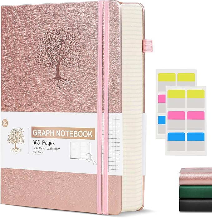 Graph Paper Notebook Journal, 360 Numbered Pages Grid Notebooks, Thick 100gsm Graphing Paper Notebook Journals for Women Men, B5 Large Hardcover Leather Graph Notebook 7.6'' X 10'' Pink