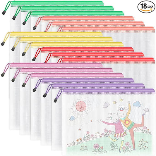 Umriox Zipper Mesh Document Pouch, 13.0 x 9.0 in (6 Colors, 18 Packs), Clear Zipper Pouches, Waterproof Zipper Pouches for Office Supplies Cosmetics Travel Storage