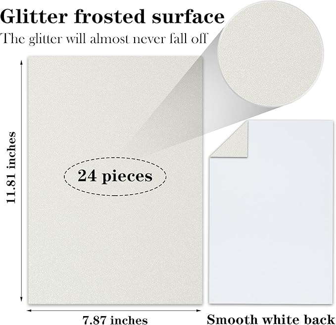 24 Sheets White Glitter Cardstock Paper, A4 Premium Sparkly Paper for Scrapbook, DIY Projects, Party Decoration, Gift Box Wrapping 250GSM/92lb