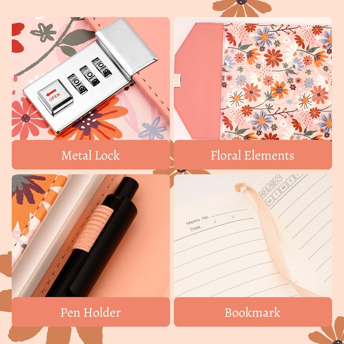 CAGIE Floral Diary with Lock for Women, Teen Girls Journal with Lock, Hardcover Refillable Women Journal with Pen, 6.3 x 8.5 Inch