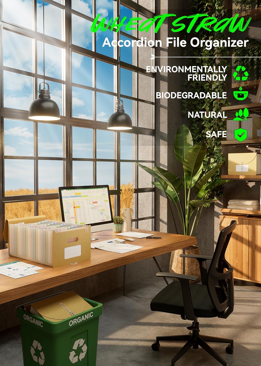 Accordion File Organizer, 26 Pockets Wheat Straw Expanding File Folder, Monthly Bill Receipt Organizer, A-Z Tabs, 100% BPA Free, Return to Nature, Healthy Living, Letter/A4 Size-Wheat Yellow