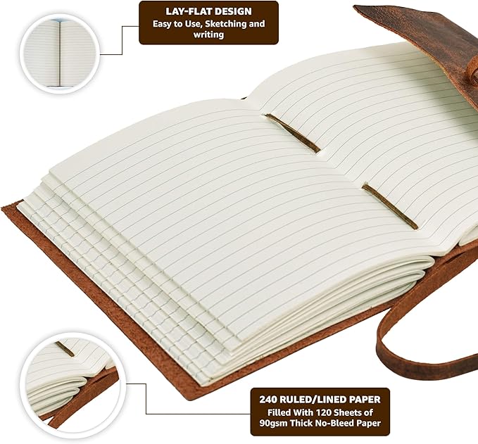 LEATHER VILLAGE Vintage Leather Journal 8"x6" - Brown | 240 Lined Pages | Rustic Notebook for Travel, Office & Personal Use | Handmade College Ruled Diary for Men & Women