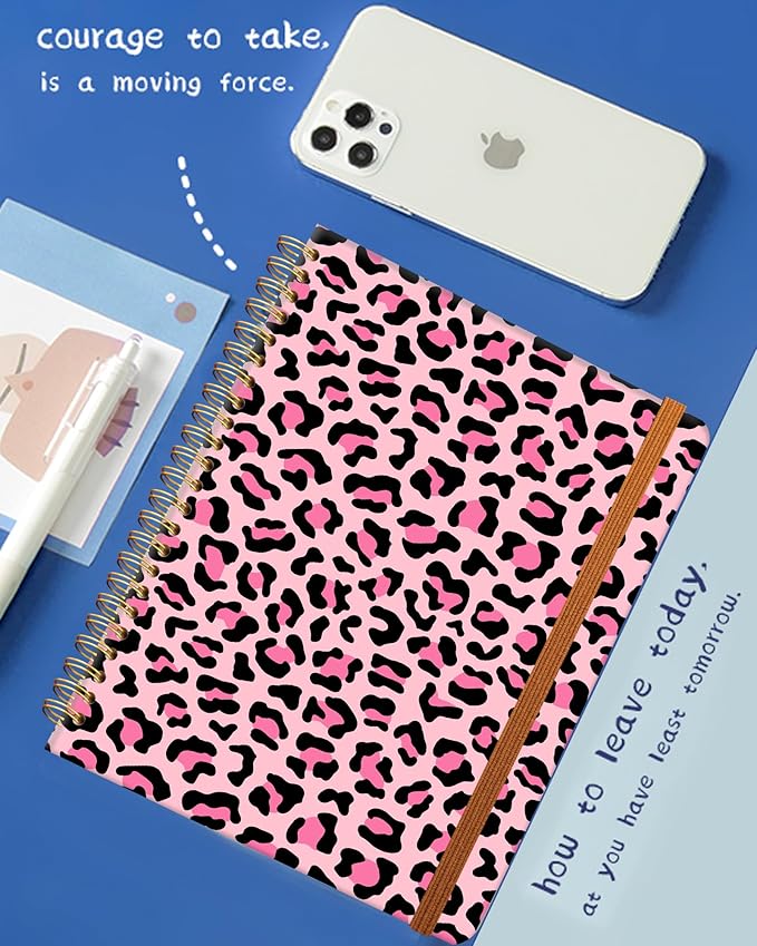 Ruled Spiral Writing Notebook,A5 Hardcover Lined College Journal for Women Lady,Fashion Puppy Watercolor Strong Twin-Wire Binding with Premium Paper,8.4" X 6",Perfect for School,Office,Home Gifts(Pink Leopard)