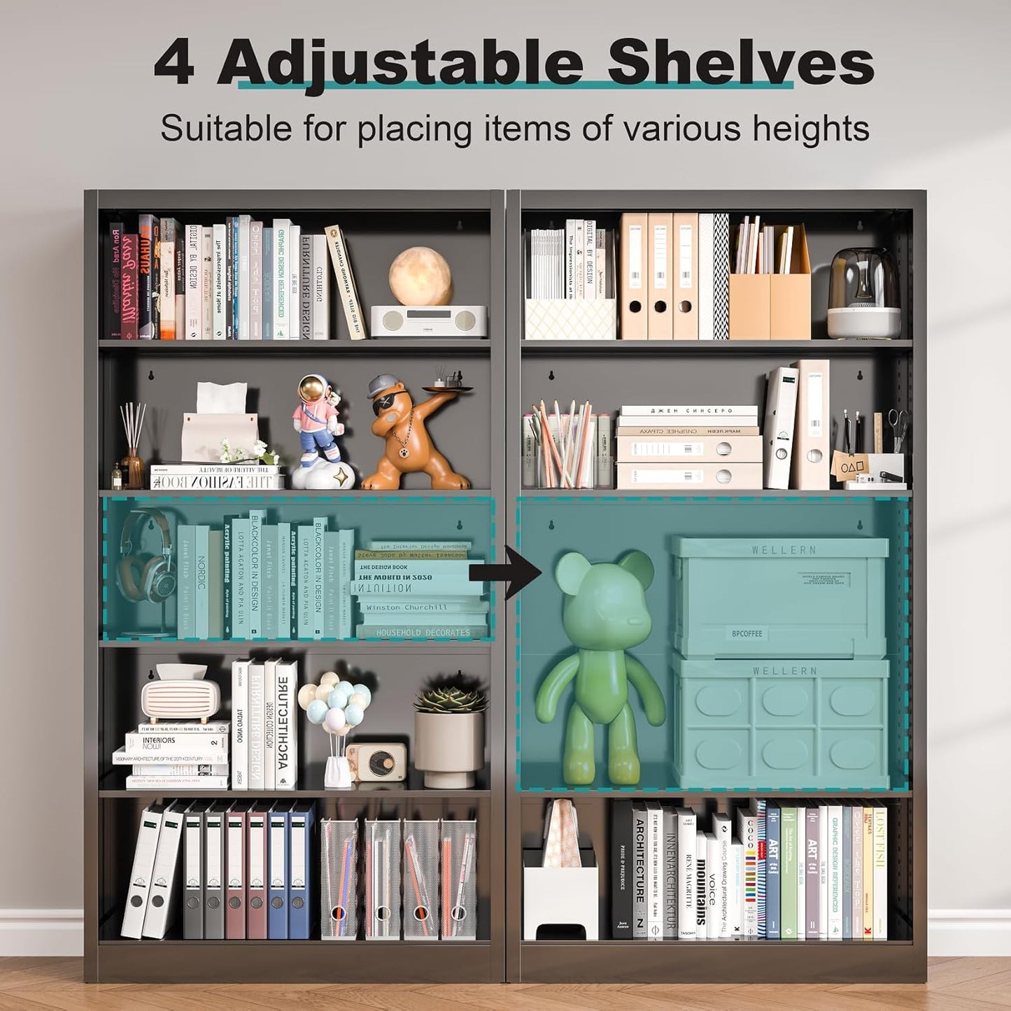 5 Tier Metal Bookshelf, 66" Tall Bookcase, Adjustable Book Shelves, Modern Black Book Shelf Storage Shelves for Bedroom, Living Room, Office, Library, Classroom, School