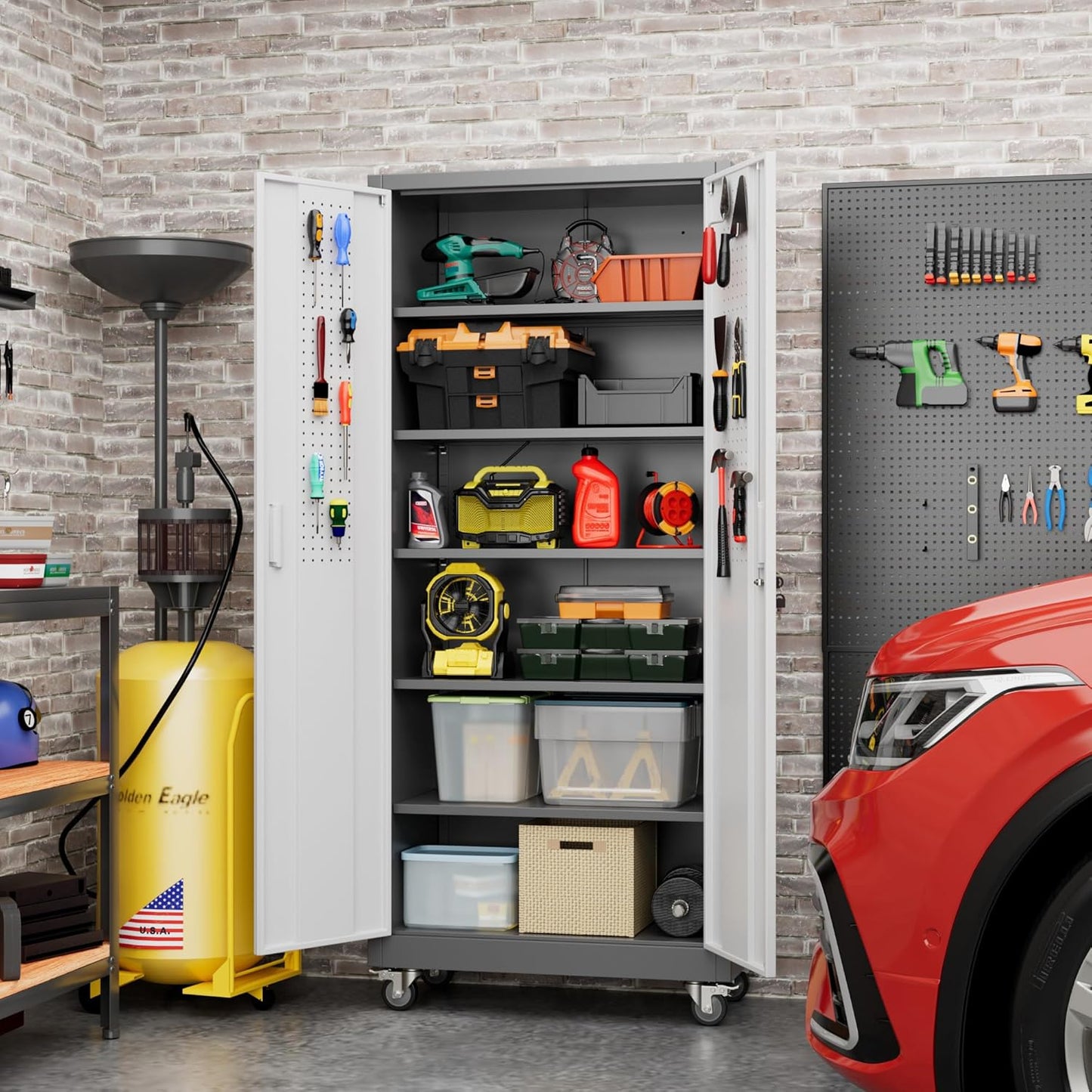 Aobabo Upgraded Garage Storage Cabinets with Wheels,Metal Storage Cabinets with 5 Adjustable Shelves for Garage Home Office Storage, Grey&White,71''H*32''W*16''D,Assembly Required