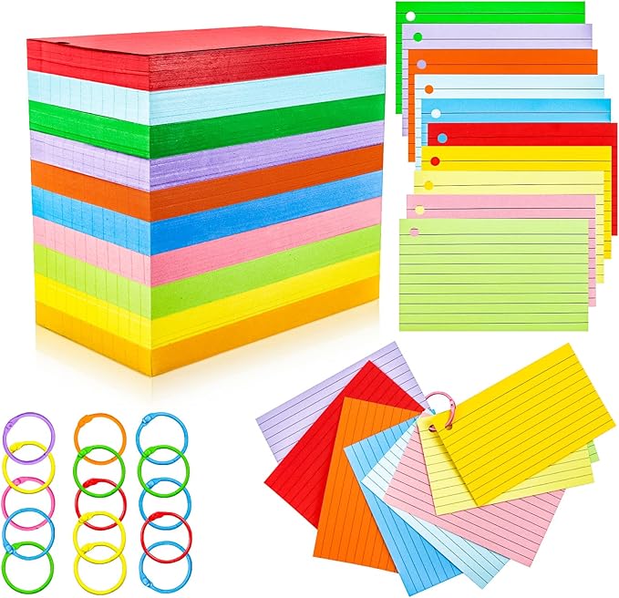 MotBach 600 Pieces Index Cards Flash Cards with Colorful Binder Rings,3" x 5", 10 Color Assorted Color Ruled Punched Memo Note Cards Lined Studying Record To Do List for Home School Office Supplies