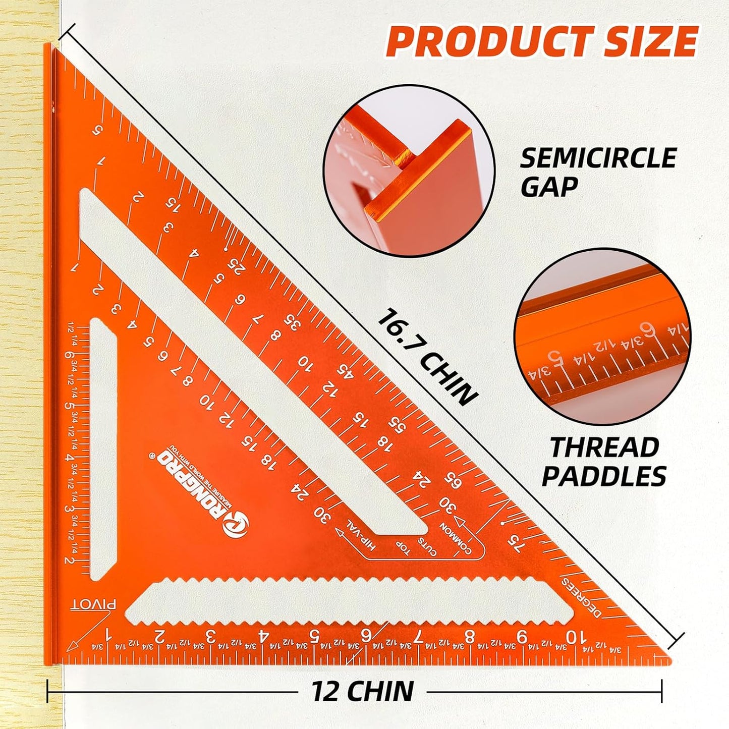 12 Inch Rafter Square, Carpenter Measuring Layout Tool, Aluminum Alloy Triangle Ruler Protractor for Woodworking and Carpentry - Imperial