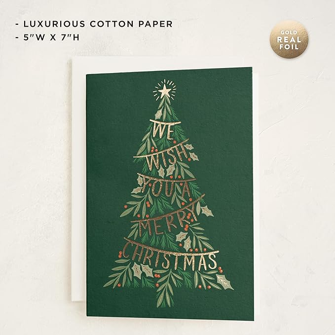Minted Merry Tree Garland Christmas Cards, 8 Cards with Envelopes, Classic Holiday Card with Festive Garland Tree and Star Design, Folded 5x7 Card, Gold Foil-Pressed, Luxurious Paper, Blank Inside