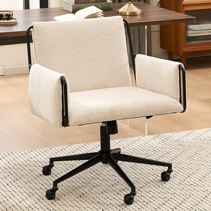 Kidol & Shellder Office Desk Chair with Arm, Swivel Adjustable Height with Wheels Comfortable Wide Seat for Home Office, Bedroom, Makeup Room, Beige