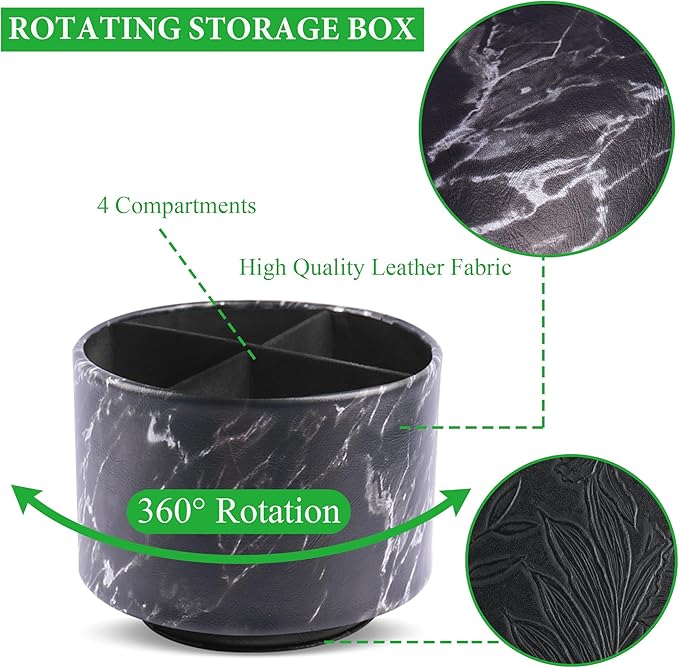 Round Leather Art Supply Organizer,Remote Control Holder,360-degree Rotating Pen Organizer with 4 Compartments(1-Marble Black Silver)