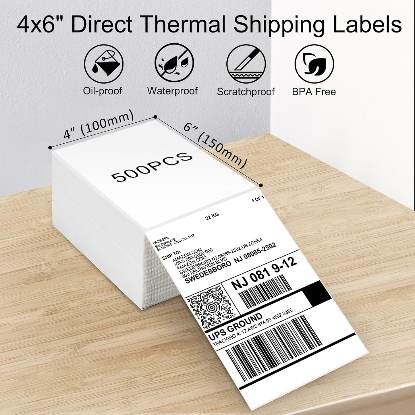 4x6 Thermal Labels, Commercial Grade Direct Thermal 4x6 Shipping Labels, 500 Sheets per Stack,1 Stack