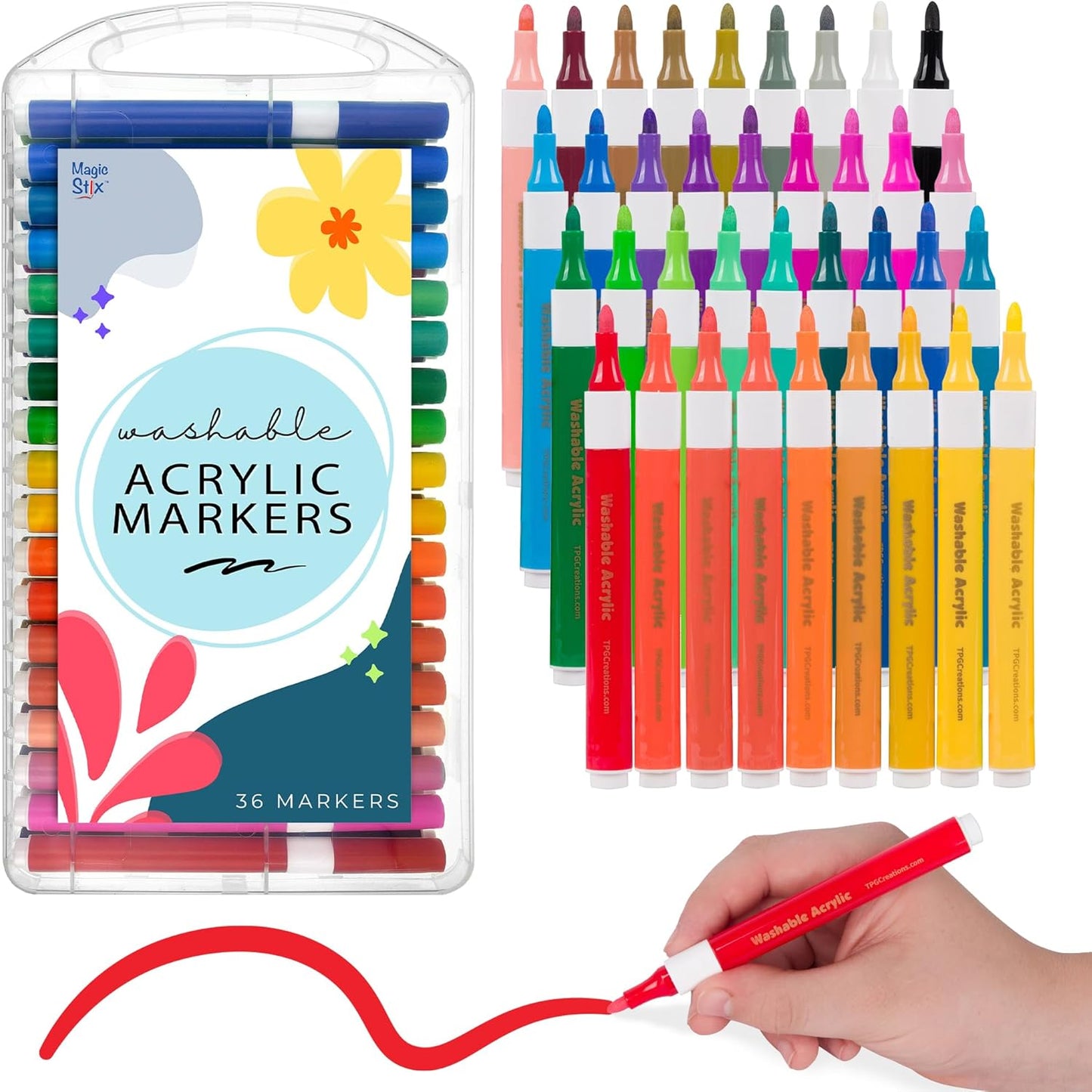 The Pencil Grip Magic Stix Washable Acrylic Markers for Kids and Teens, 36 Non-Toxic Colors, Allergen-Free, Vibrant Paint Pens for Crafting and DIY