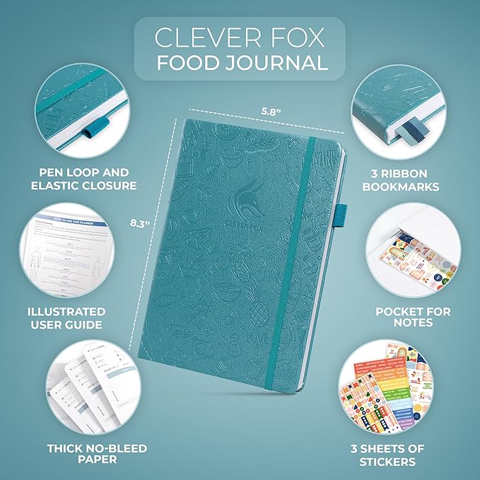 Clever Fox Food Journal - Daily Food Diary, Meal Planner to Track Calories & Nutrients, Weight Tracker Notebook, A5 (Aquamarine)