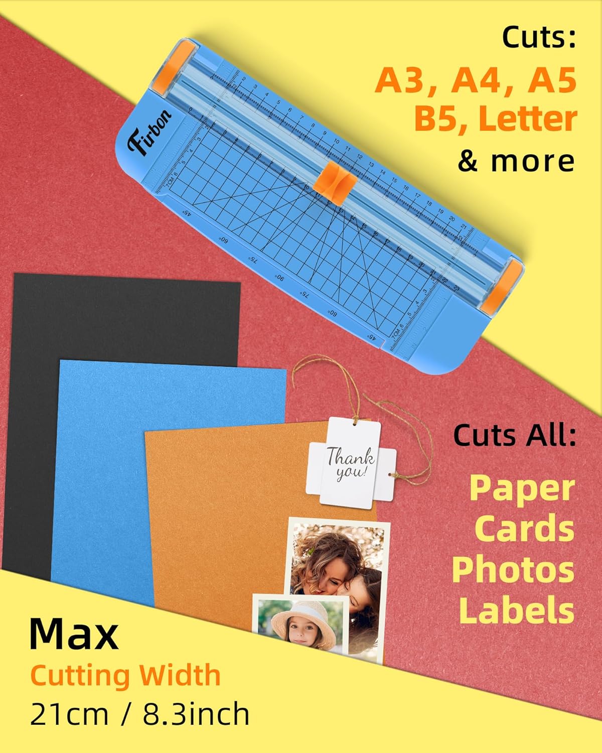 Firbon Blue A5 Paper Cutter, Straight Small Paper Trimmer with Side Ruler for Scrapbooking Craft, Paper, Coupon, Label, Cardstock