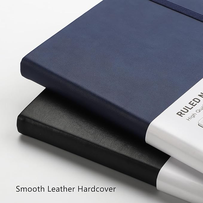 RETTACY Lined Journal Notebook, 2-Pack, 192 Numbered Pages per Pack, A5 Medium Size (5.7'' x 8.3''), for Men & Women, Writing, Work, Leather Hardcover, 100 GSM Thick Paper (Black & Navy Blue)