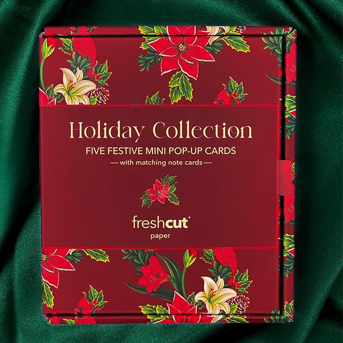 Freshcut Paper Pop Up Cards, Holiday Collection, 6 inch Mini Sized Paper Flower Bouquet 3D Popup Greeting Cards, Christmas Card, Holiday Card, Blank Notecards & Envelopes, Pack of 5